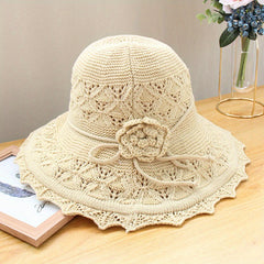 Ruffles Knitted Bucket Hat Flower Decor Foldable Travel Beach Hat