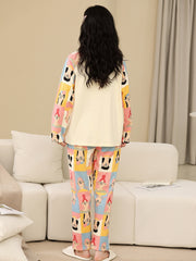 Cartoon Print Pajama Set Long Sleeve Crew Neck Top & Elastic Waistband Pants