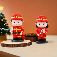 Firefighter Figurine Red Resin Crafted Doll Fire Truck Gear Christmas Gift Decor