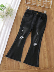 Girls Denim Flared Leg Pants Kids Stretch Skinny Trousers Zipper Casual Pants