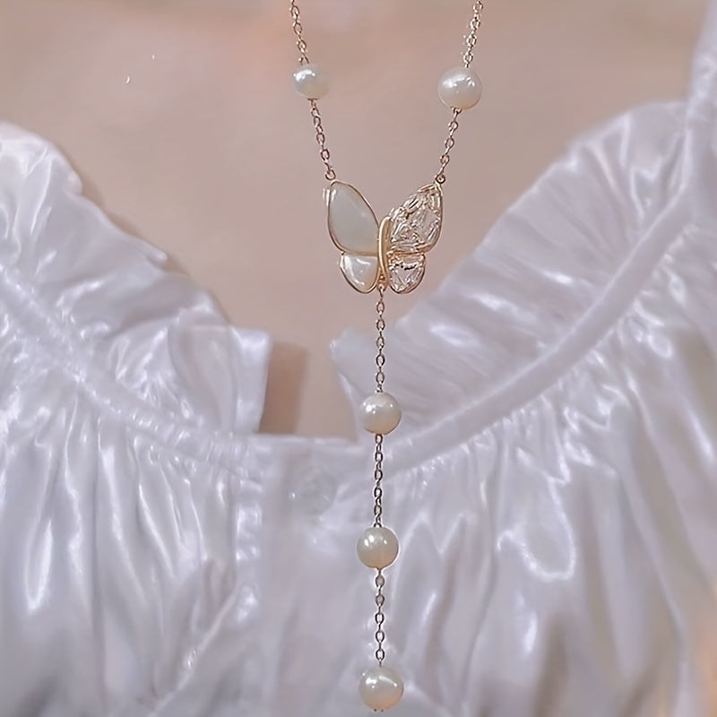 Faux Pearl Tassel Butterfly Necklace Women's Collar Chain