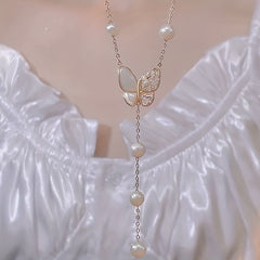 Faux Pearl Tassel Butterfly Necklace Women's Collar Chain