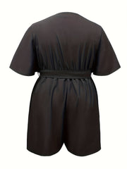 Women's Plus Size Solid V Neck Romper with Pockets & Belt