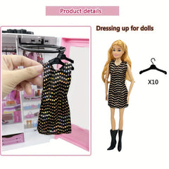 Pink Doll Wardrobe 10 Hangers Fashionable Foldable Hangers Doll Furniture Access