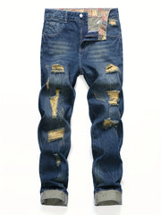 Ripped Straight Leg Jeans Mens Casual Denim Pants