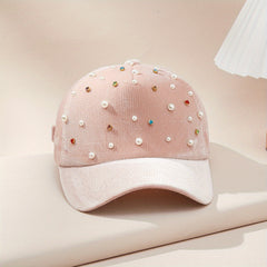 Faux Pearl Decor Baseball Cap Rhinestone Corduroy Sun Hat Lightweight