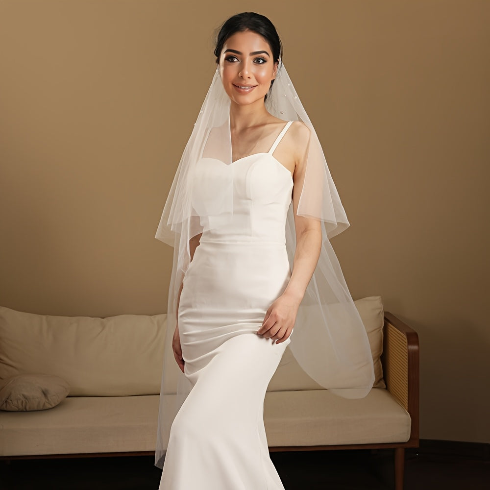 Vintage Double Layered Long Wedding Veil with Hand Embellished Sheer Bridal Veil