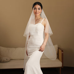 Vintage Double Layered Long Wedding Veil with Hand Embellished Sheer Bridal Veil