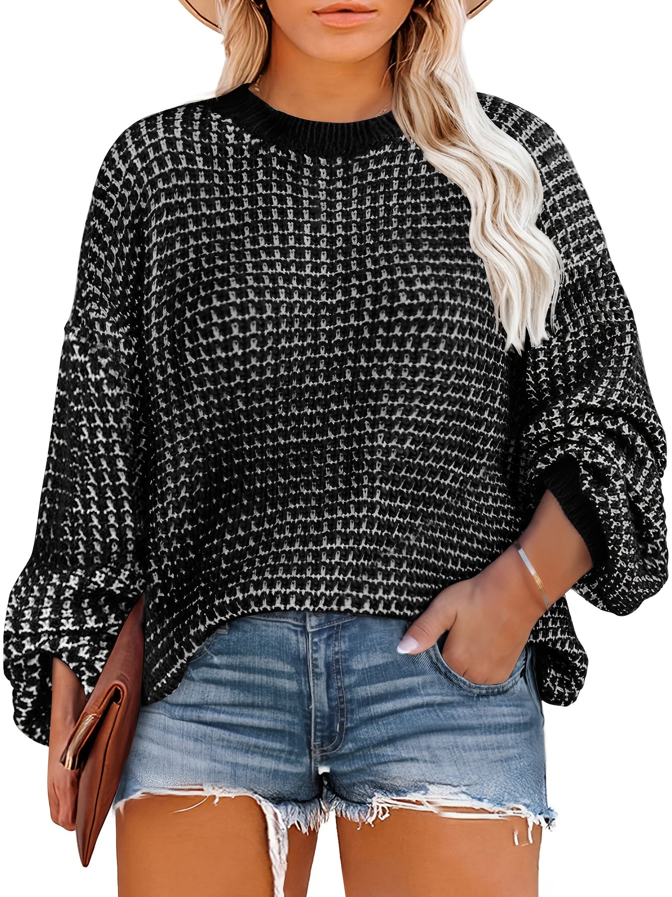 Casual Sweater Women's Plus Two Tone Lantern Sleeve Pullover Jumper
