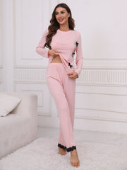 Solid Lounge Set with Lace Trim Top & Pants
