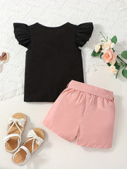 2pcs Toddler Girls Heart Graphic Ruffle Trim T Shirts & Belted Shorts Set