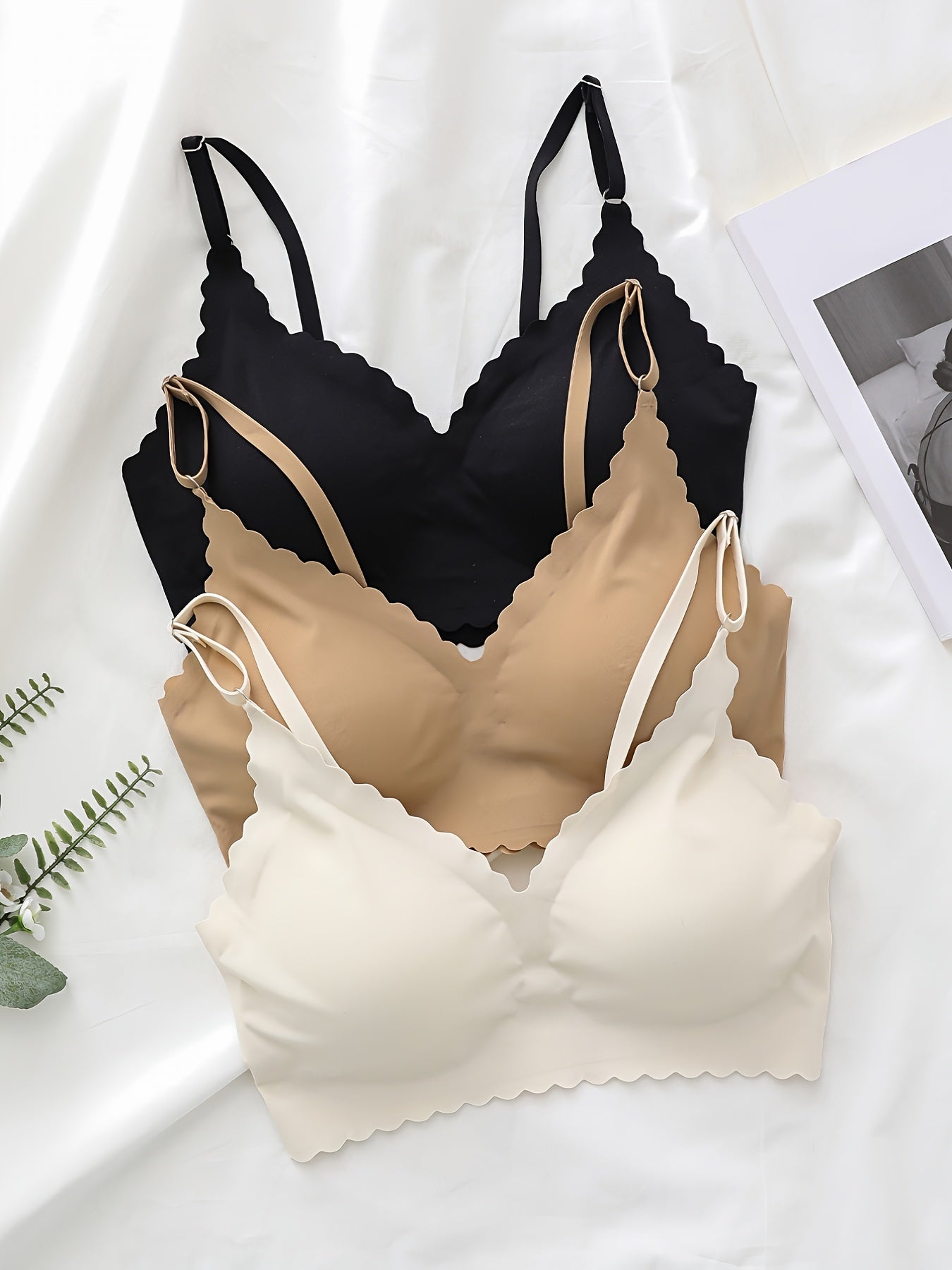 3pcs Scallop Trim Wireless Bras Push Up Intimates Bra Women's Lingerie