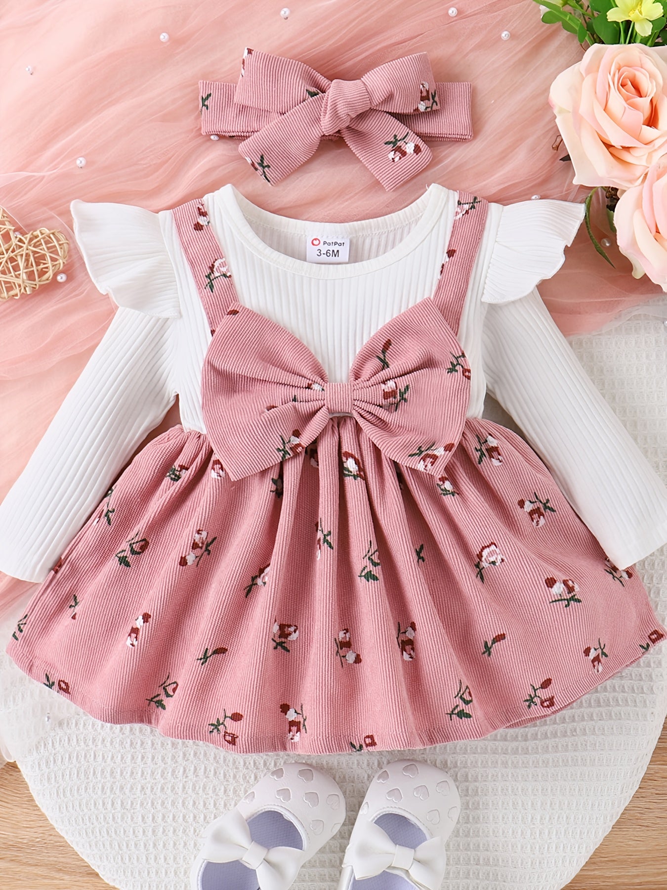 2pcs Floral Print Big Bow Baby Girl Dress With Headband Set