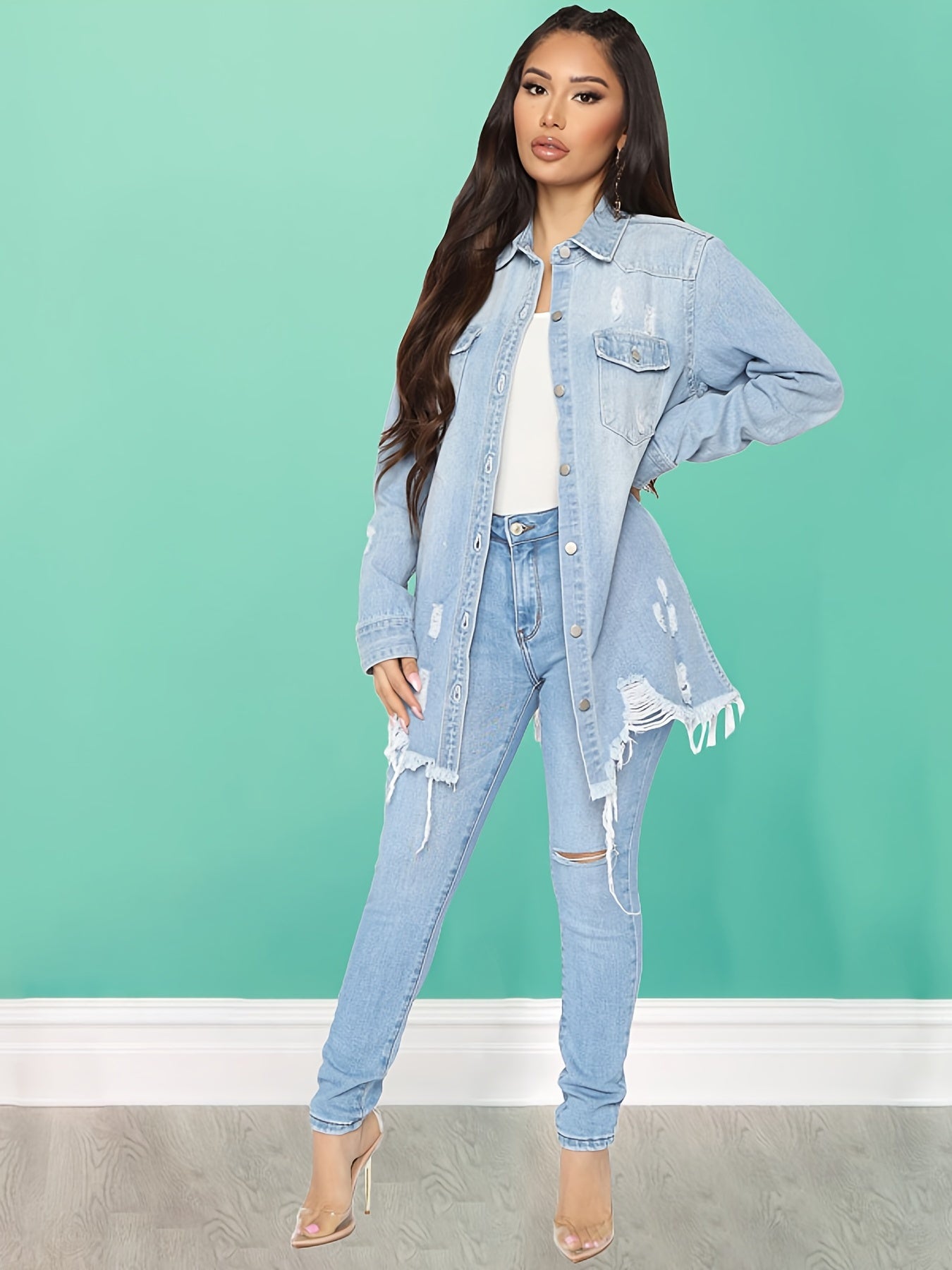 Women's Long Sleeve Distressed Denim Coats