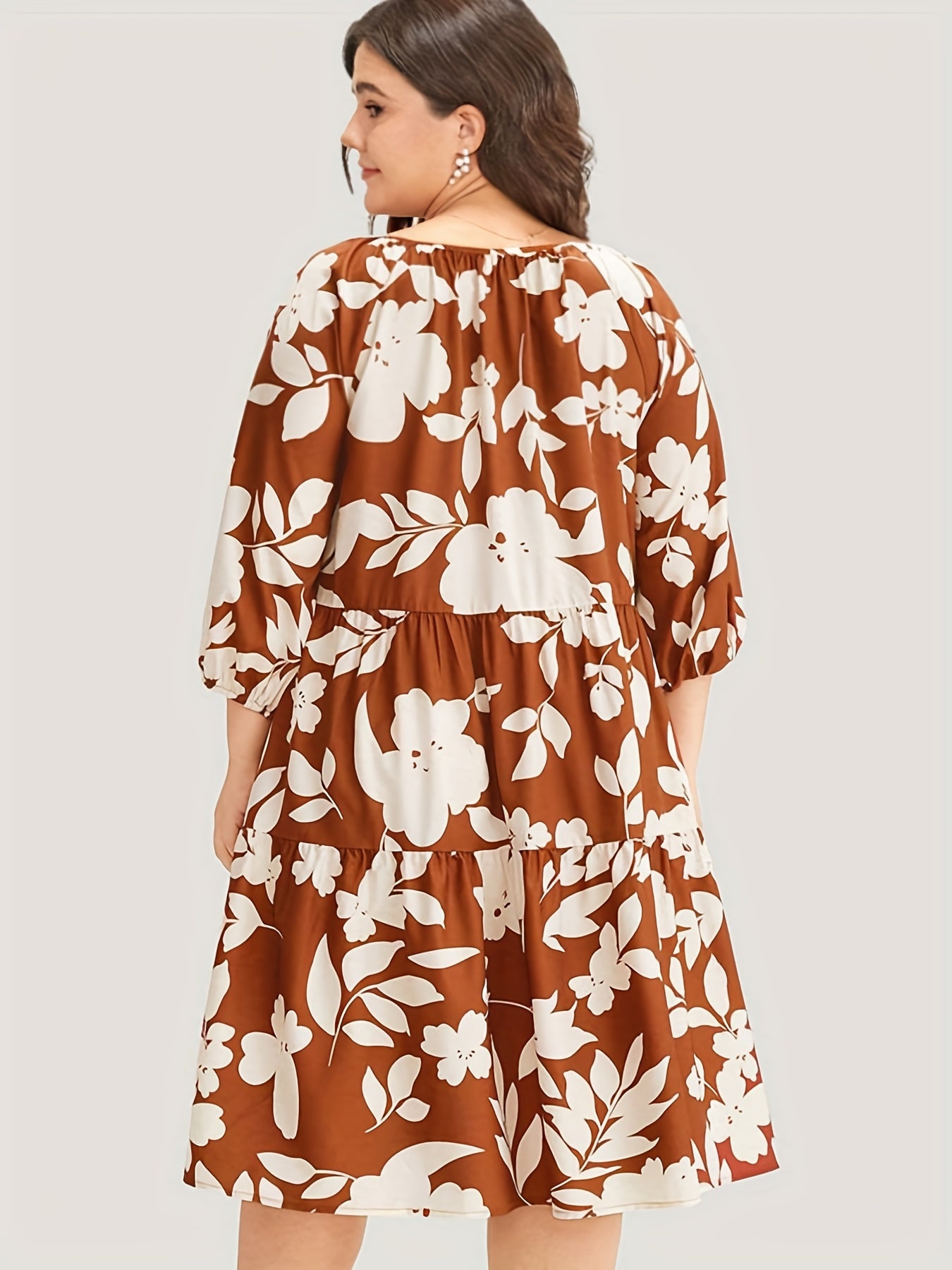 Women's Plus Leaf Print Half Sleeve Round Neck Keyhole Tie Dress