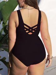 Solid Criss Cross Back One Piece Swimsuit Plus Size Women Beachwear