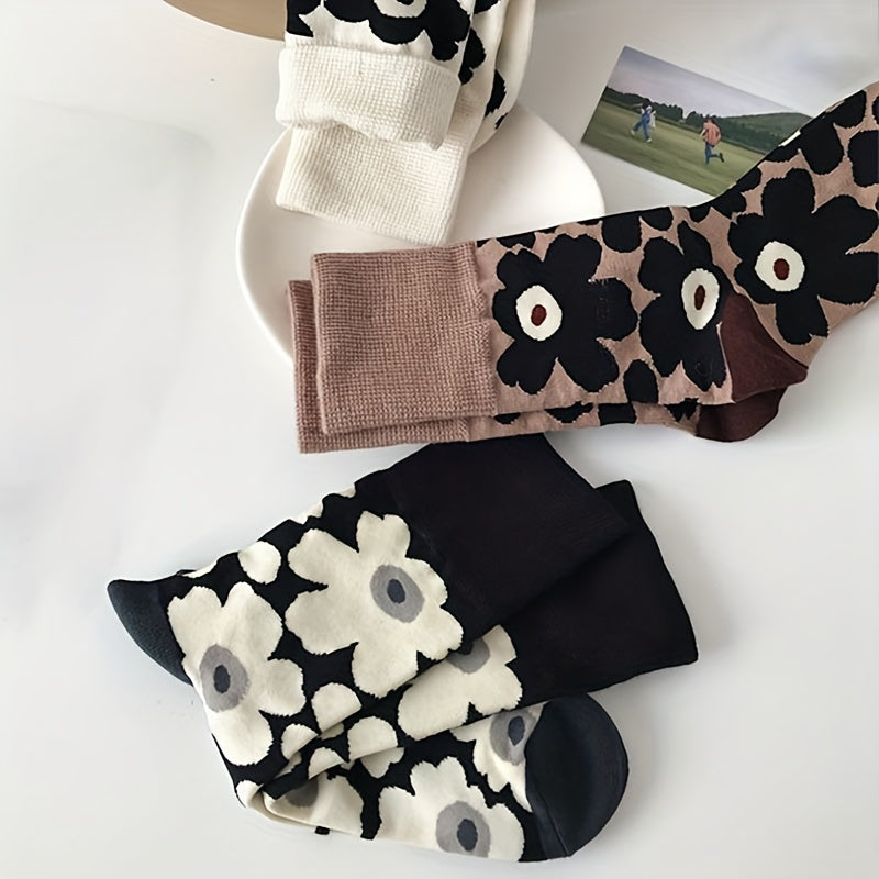 3 Pairs Floral Print Socks Mid Tube Comfy & Breathable Women's Stockings