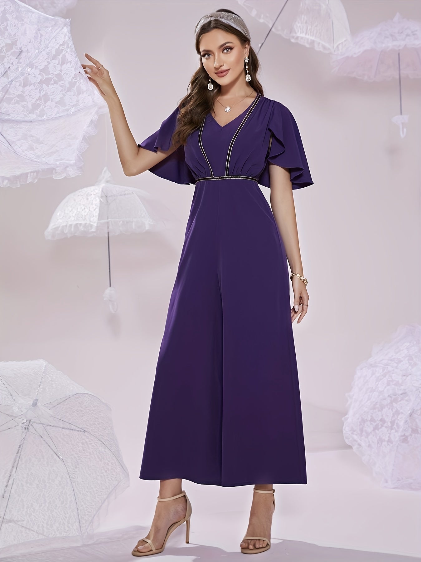 Pleated Cinched Waist V Neck Jumpsuit Casual Cape Sleeve Jumpsuit