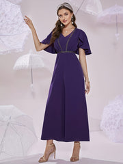 Pleated Cinched Waist V Neck Jumpsuit Casual Cape Sleeve Jumpsuit