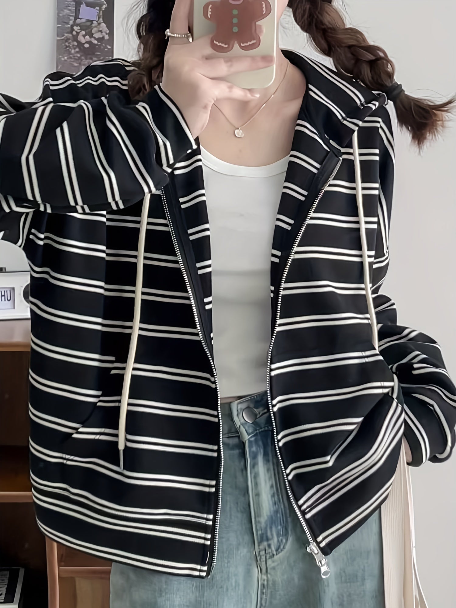 Striped Hoodie Print Zip Up Sweatshirt Spring & Fall Women's Clothing