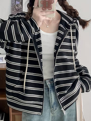 Striped Hoodie Print Zip Up Sweatshirt Spring & Fall Women's Clothing