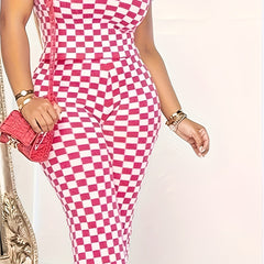 Checker Print Mock Neck Crop Top & Pants Set