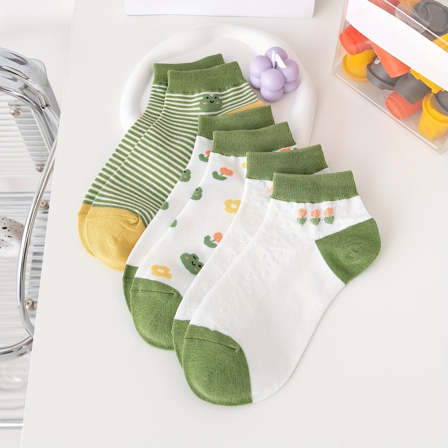 3 Pairs Frog Print Socks Mid Tube Striped Women's Stockings