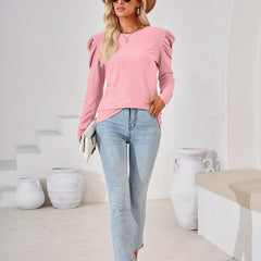 Solid Crew Neck T shirt Ruched Long Sleeve For Spring & Summer Women