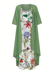 Spring & Summer Two-piece Set: Solid Open Front Coat & Floral Print Cami Dress