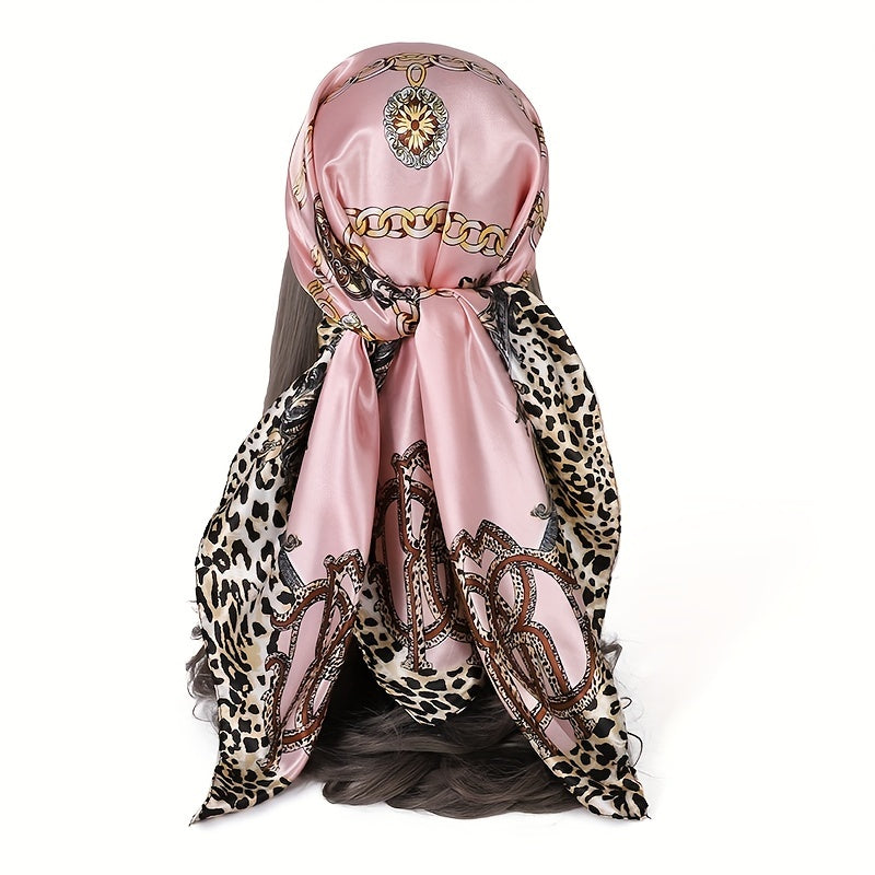 Leopard Print Pink Silk Vintage Square Scarf Large Shawl Women Headwrap