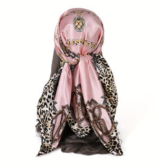 Leopard Print Pink Silk Vintage Square Scarf Large Shawl Women Headwrap
