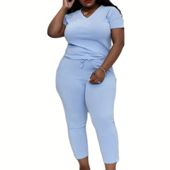 Solid Short Sleeve V Neck Tee & Tie Leggings Set
