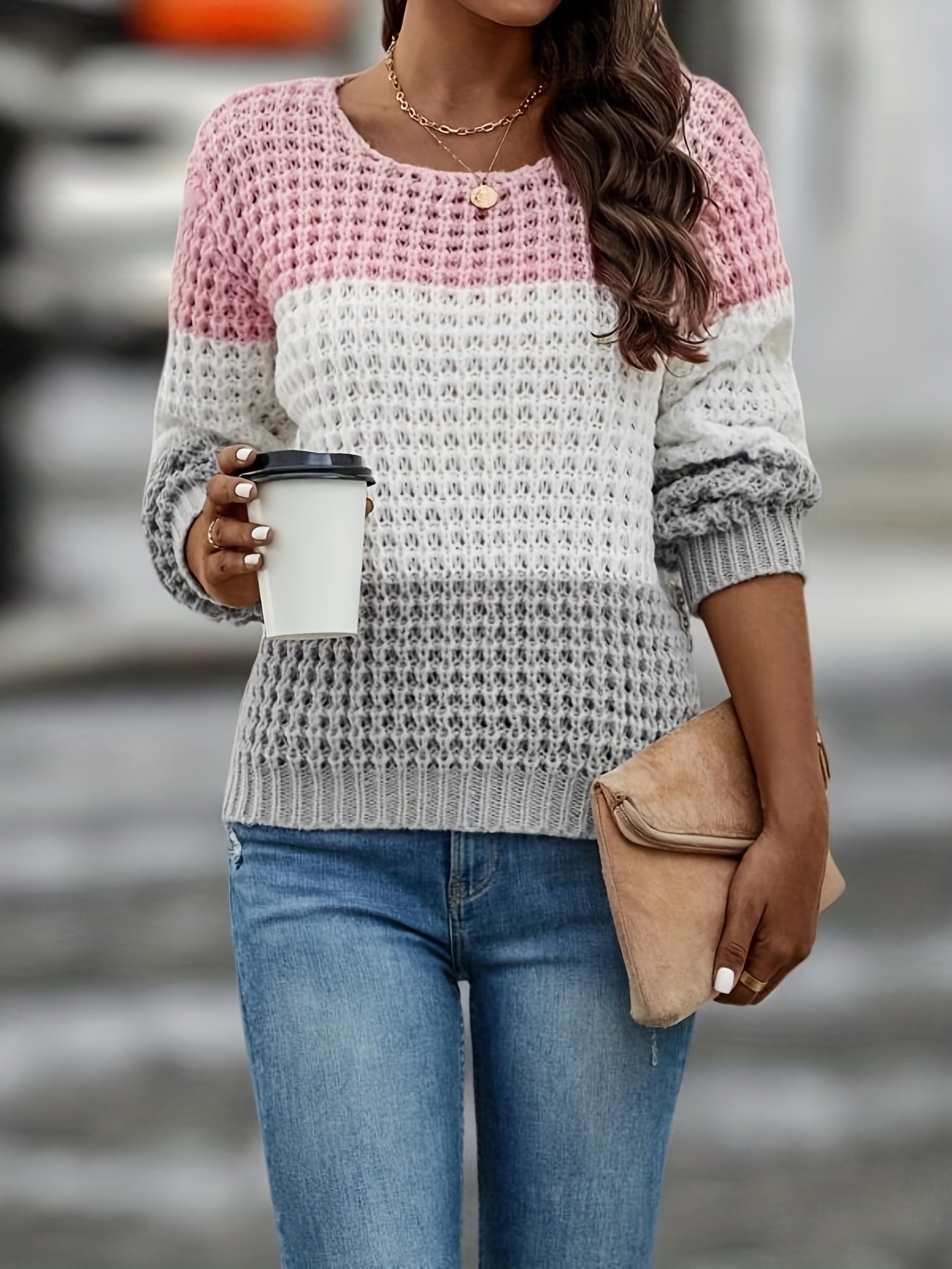 Block Crew Neck Sweater Long Sleeve for Fall & Winter