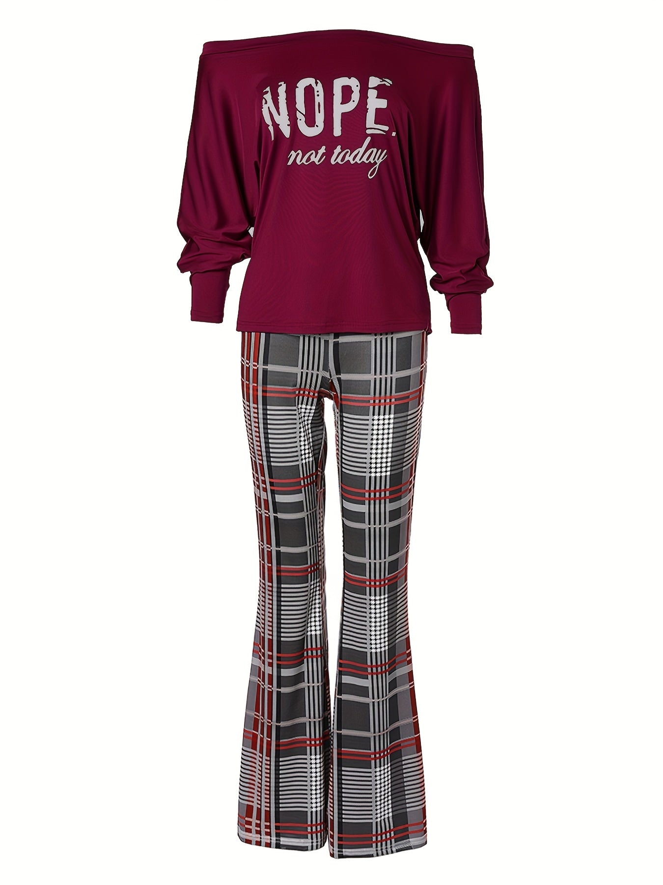 Letter Print Off Shoulder Top & Plaid Print Pants Set