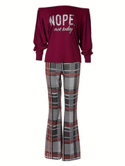 Letter Print Off Shoulder Top & Plaid Print Pants Set