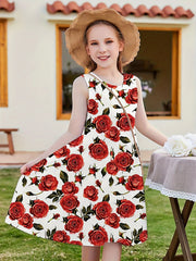 Girls Flower Graphic Sleeveless Dress for Summer Party