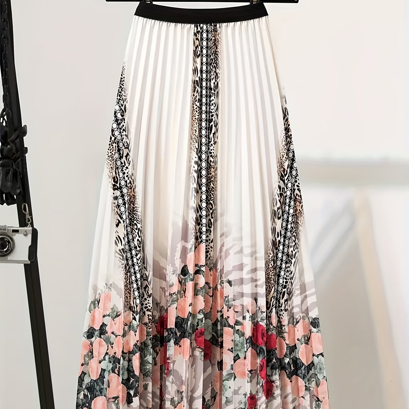 Floral & Leopard Print Elastic Waisted A line Skirt