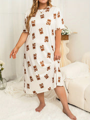 Bear Print Nightdress Short Sleeve Round Neck Plain Sleep Dress