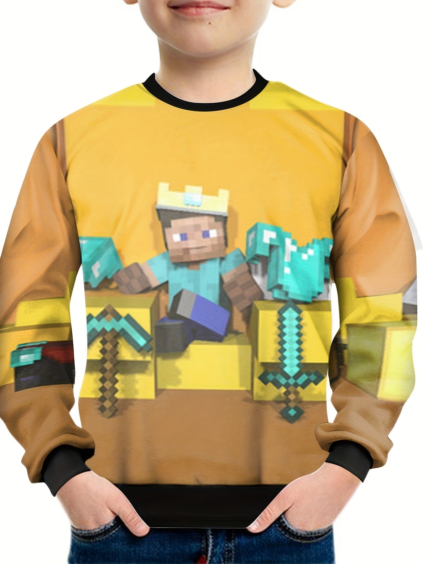 Pixel King 3D Print Boys Vitality T-shirt Lightweight Round Neck Long Sleeve Top