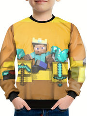 Pixel King 3D Print Boys Vitality T-shirt Lightweight Round Neck Long Sleeve Top
