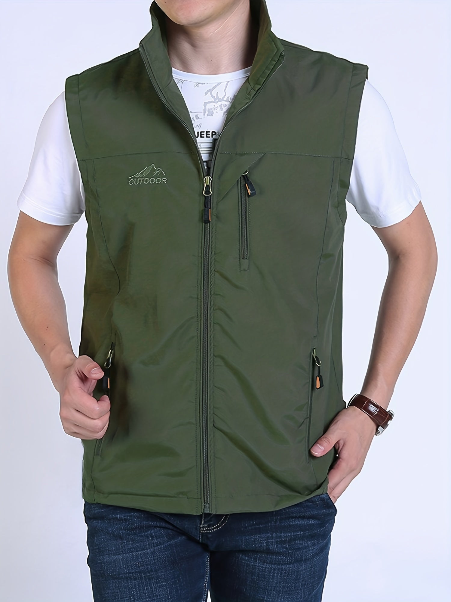Men's Zipper Pockets Cargo Vest Stand Collar Zip Up Outwear for Spring Summer