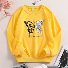 Girls Butterfly & Leaves Crew Neck Sweatshirts For Sports Casual Outfit