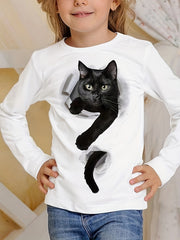 3D Kitty Graphic Long Sleeve T shirt Girls Comfy Tees