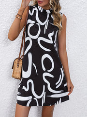 Brush Print Mock Neck Sleeveless Dress