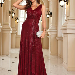 Surplice Neck Sequined Dress Sleeveless Ankle Dress For Party & Banquet