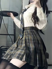 Plaid Pleated Skirt Tie High Waist Japanese School Girl Anime Cosplay JK Uniform