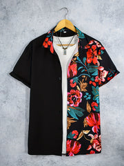 Men's Casual Mushroom Block Leaf Flower Pattern Print Short Sleeve Shirt