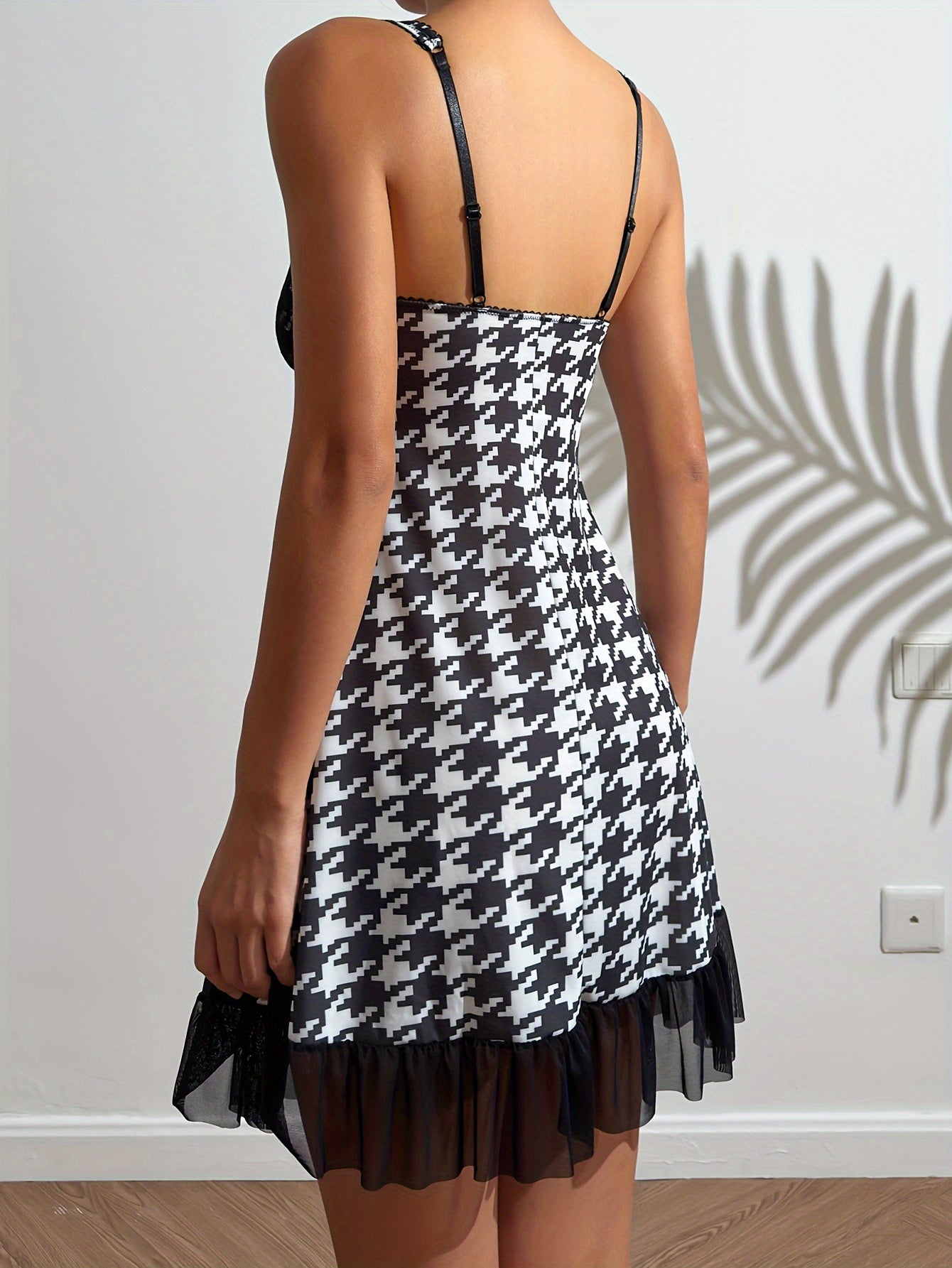 Houndstooth Print Tank Nightdress V Neck Sleep Dress