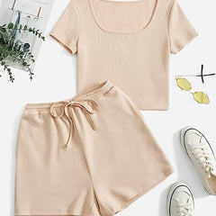 Casual 2 Piece Set Solid Top & Drawstring Shorts