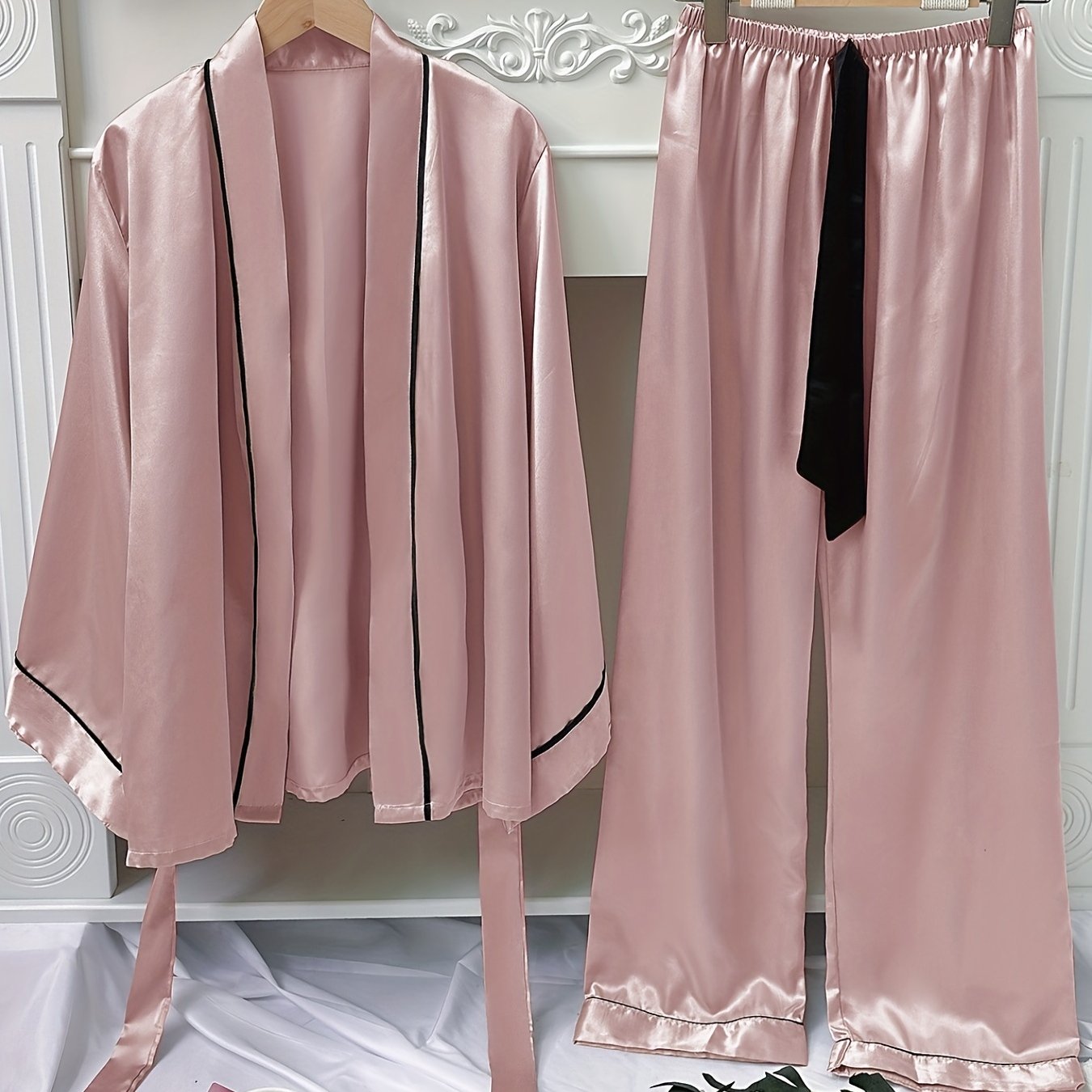 Satin Pajama Set with Long Sleeve Robe & Lace Up Pants